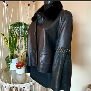 Black Leather Jacket with Mink Collar & Swarovski Crystals Detailed Sleeves
